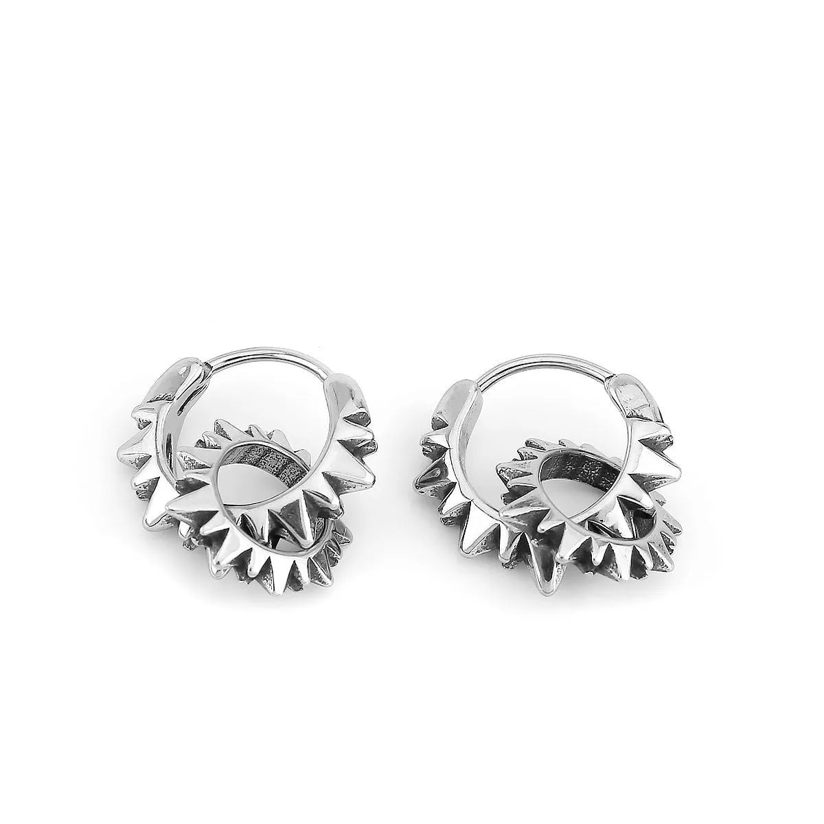 Steel colour stainless steel round ring earrings with retro design and polished finish