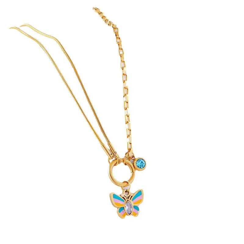 Gold titanium steel jewellery set with colourful epoxy butterfly pendant designs