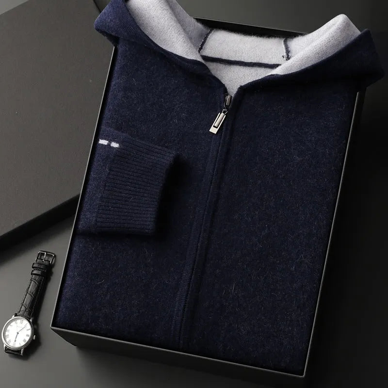Men's dark blue cashmere half-high collar zipper cardigan sweater with thickened knit construction