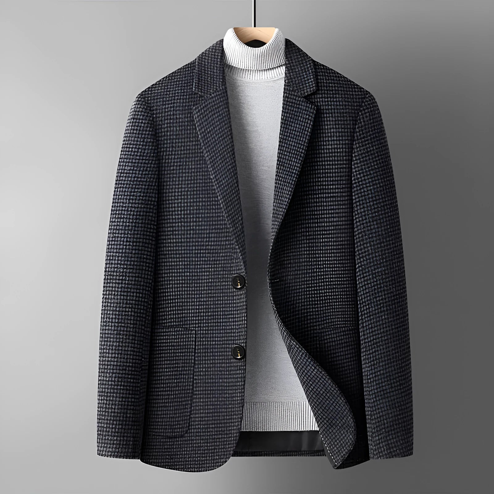 Men's slim fit wool blend jacket in grey, shown with polyester lining and suit-style cut for autumn wear
