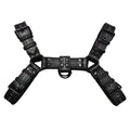 Black leather chest strap with metal buckle bondage design for adult men