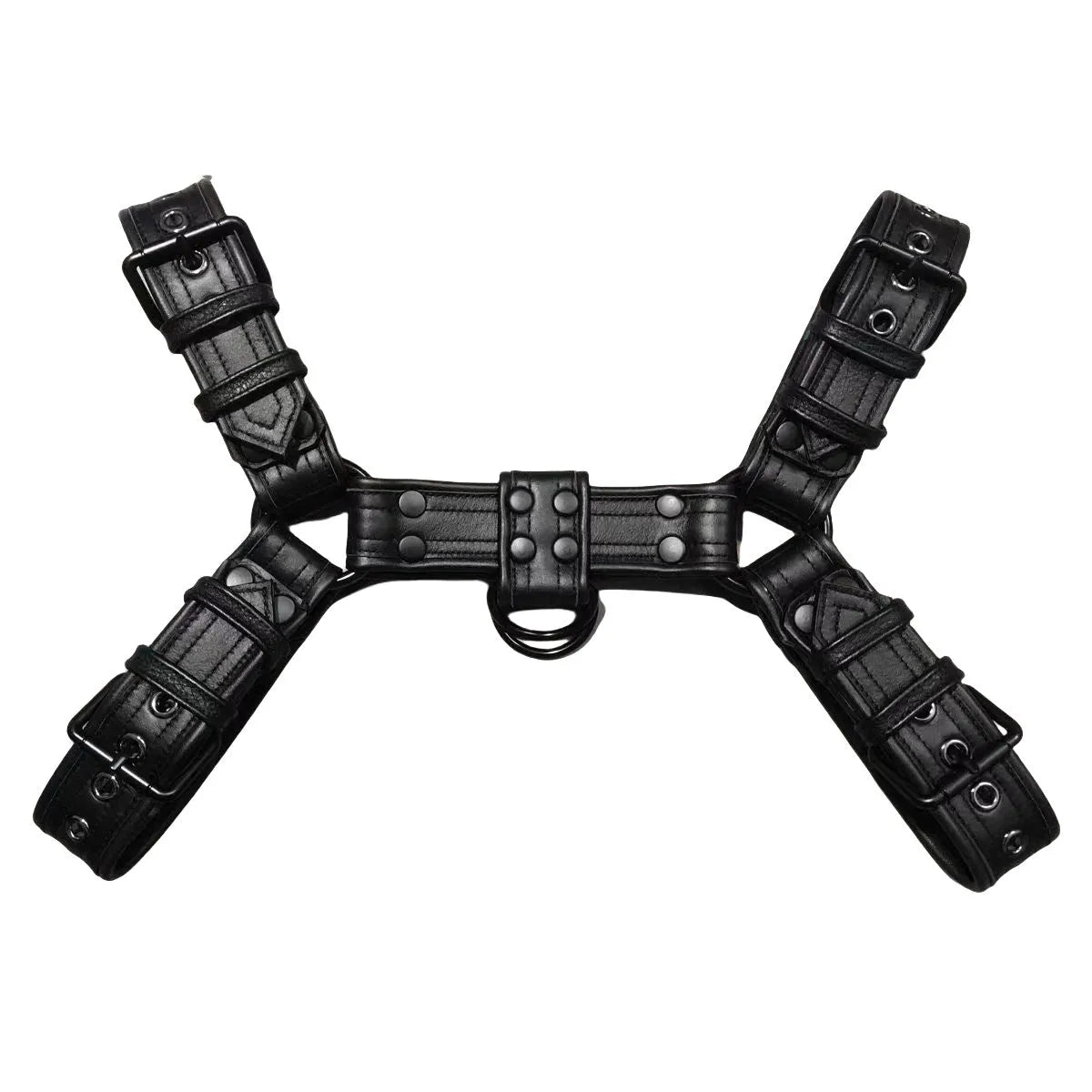 Black leather chest strap with metal buckle bondage design for adult men