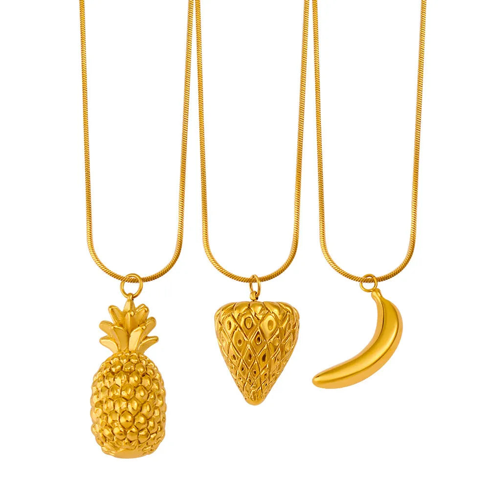 Stainless steel fruit pendant necklace showing six different fruit designs on regular chain