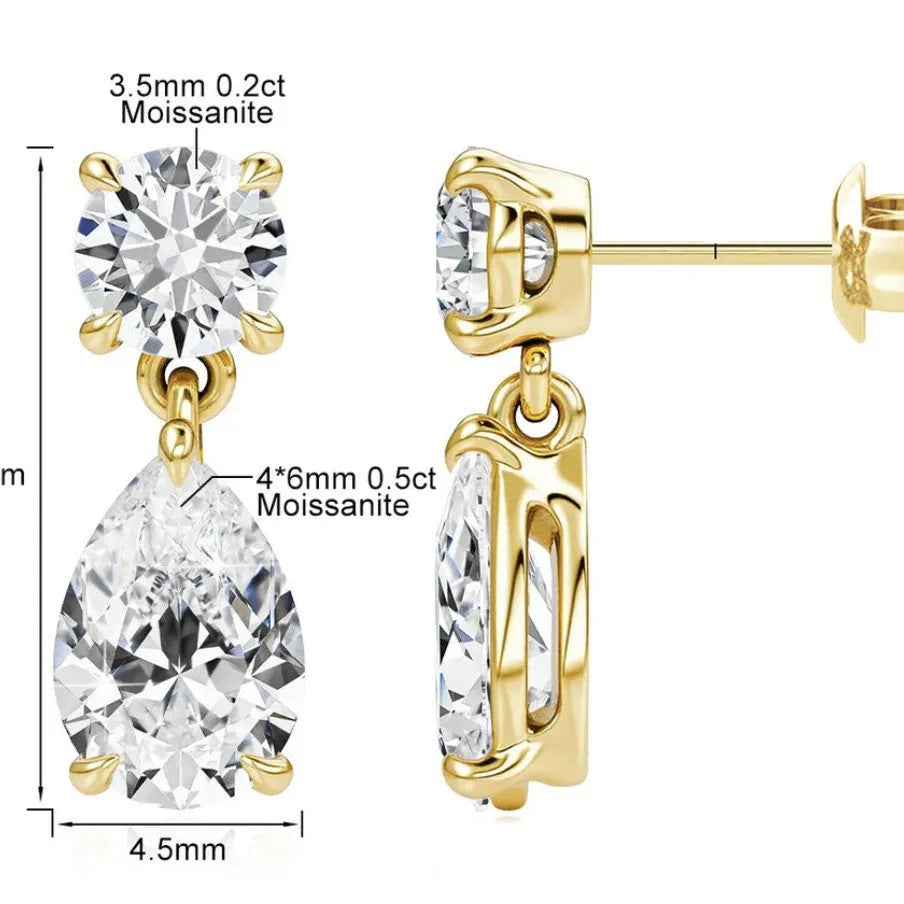 Sterling silver moissanite stud earrings with round and water drop stones in gold or silver