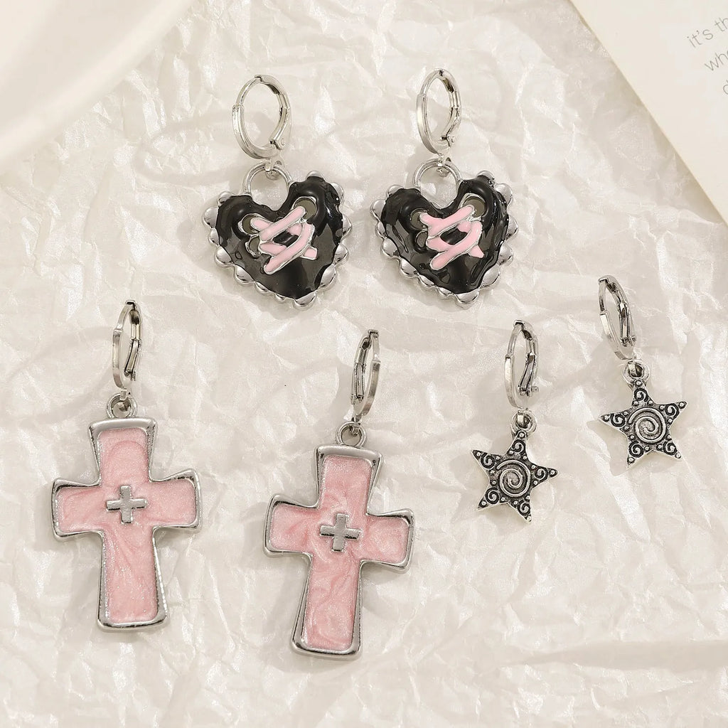 Women's alloy earrings with drip oil finish in cross, heart, and cat designs
