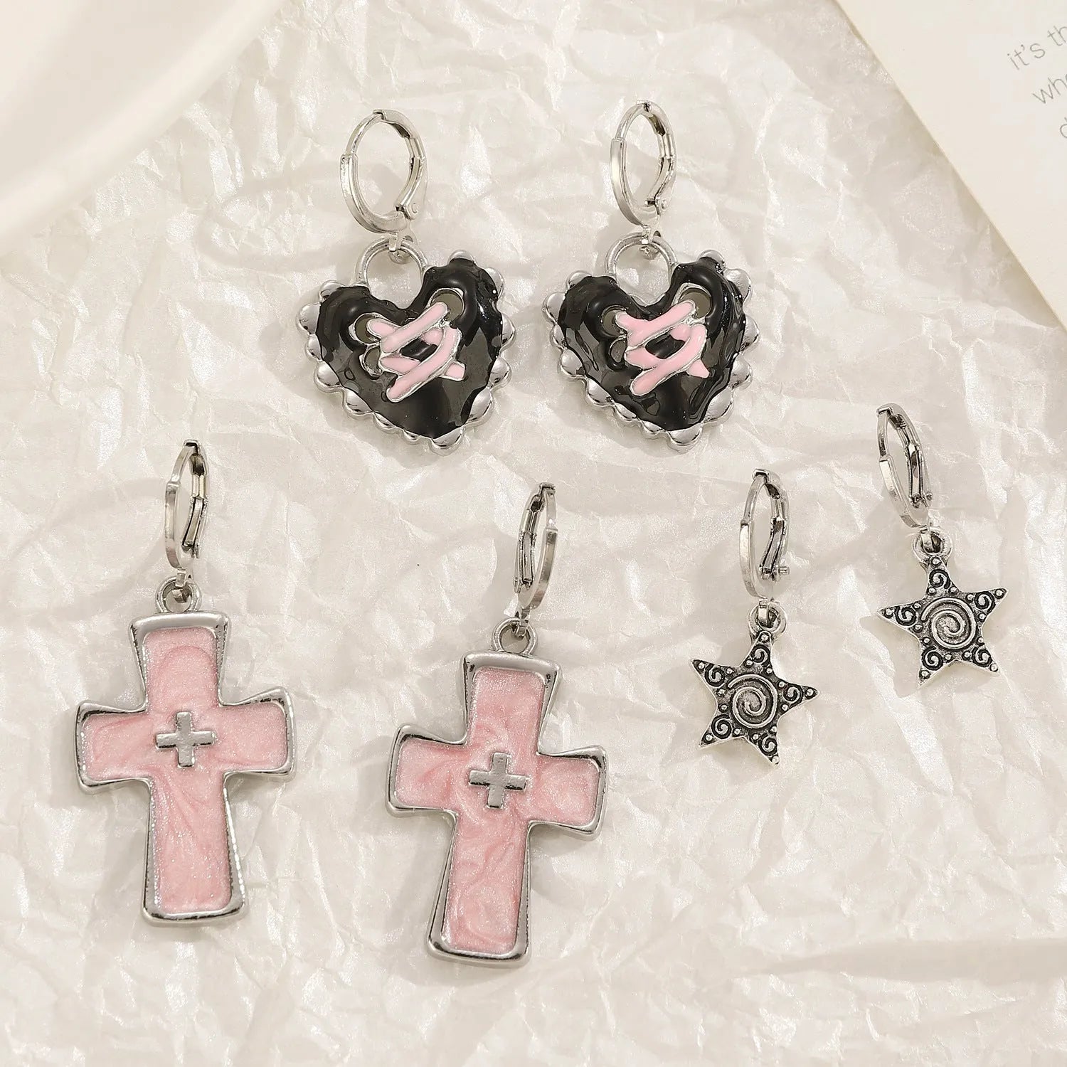 Women's alloy earrings with drip oil finish in cross, heart, and cat designs