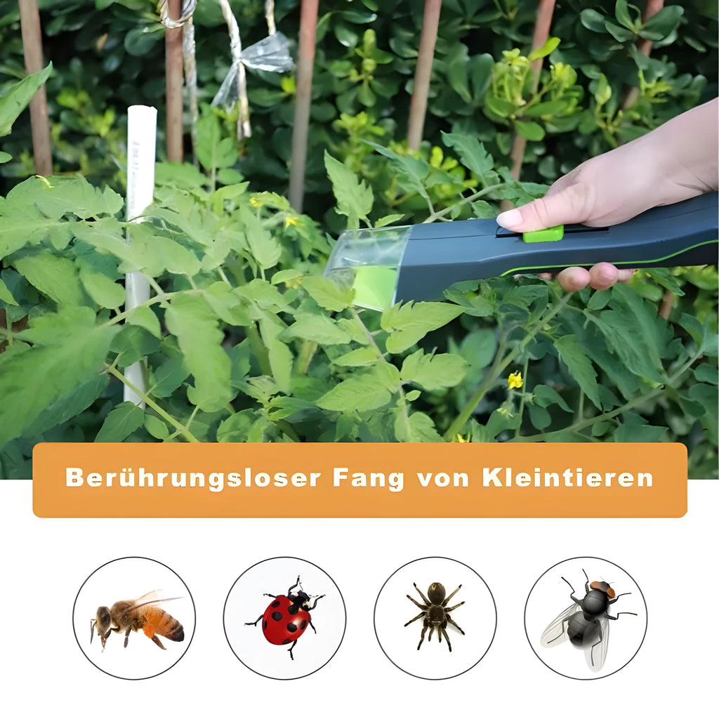 Green plastic handheld insect catcher for garden pest control on lawn