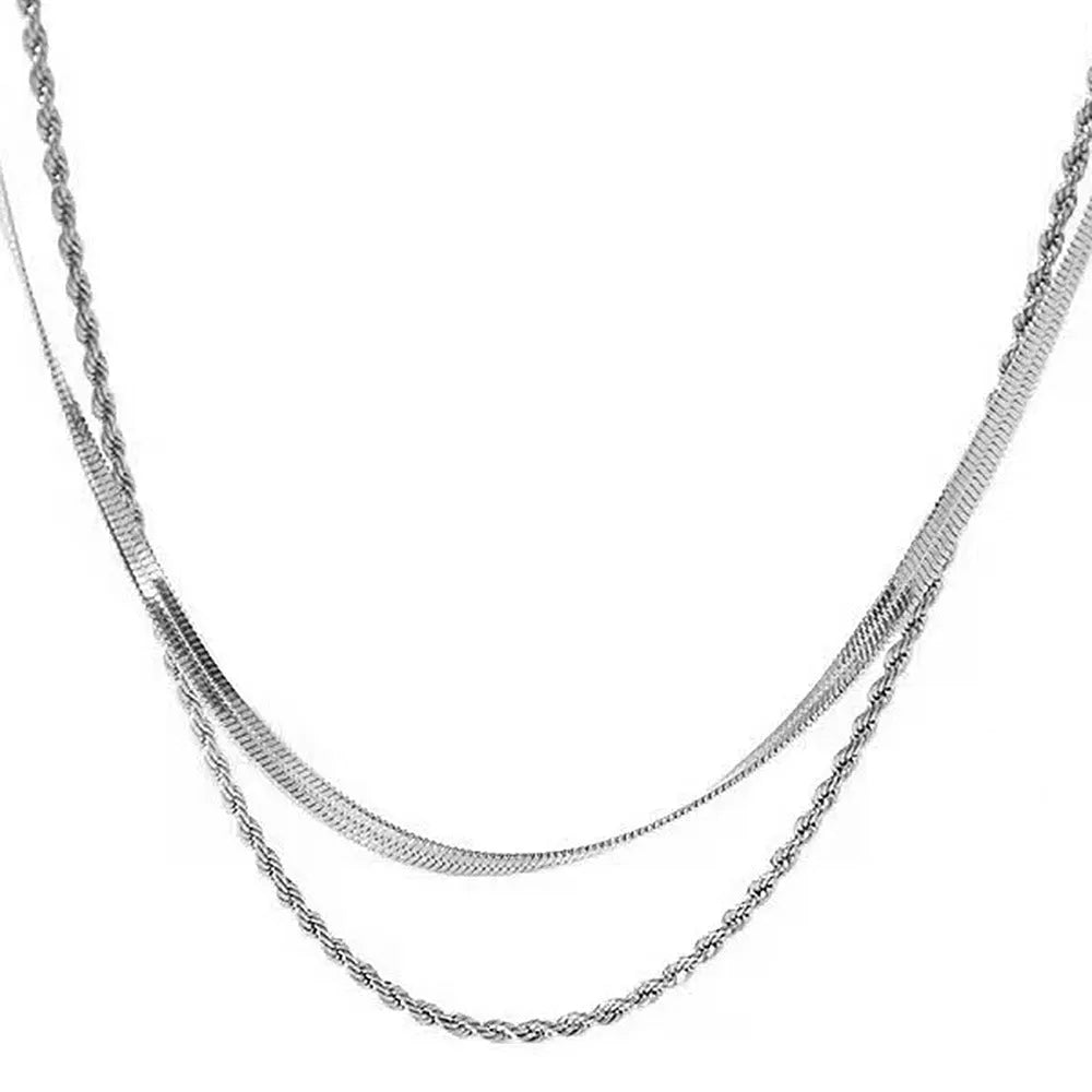 Women's retro double-layer twist necklace with geometric pendant on snake bones chain