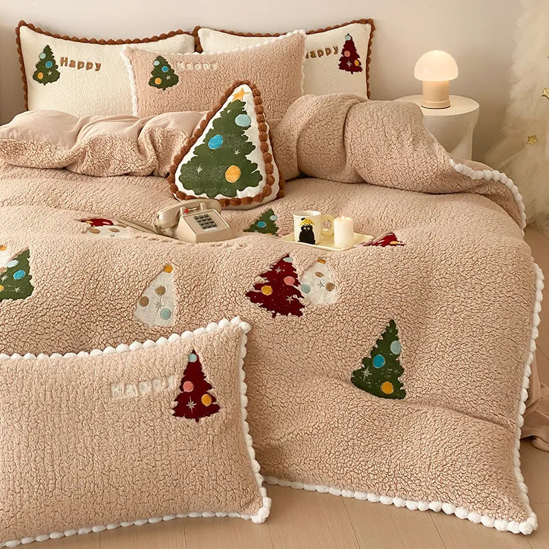 Bright yellow four-piece bedding set with cartoon Christmas tree pattern, including sheet, quilt cover and pillowcases