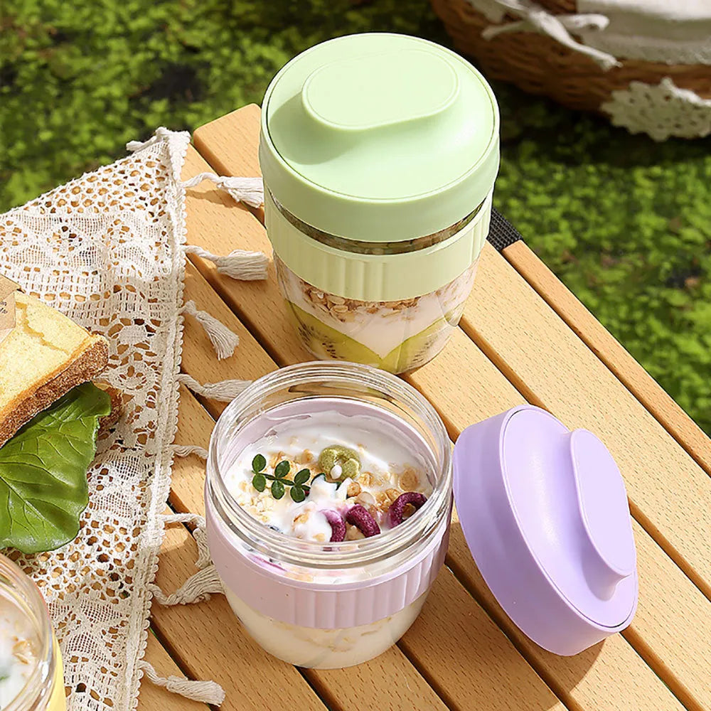 Plastic breakfast salad cup with lid and spoon in green, purple, pink or white colour