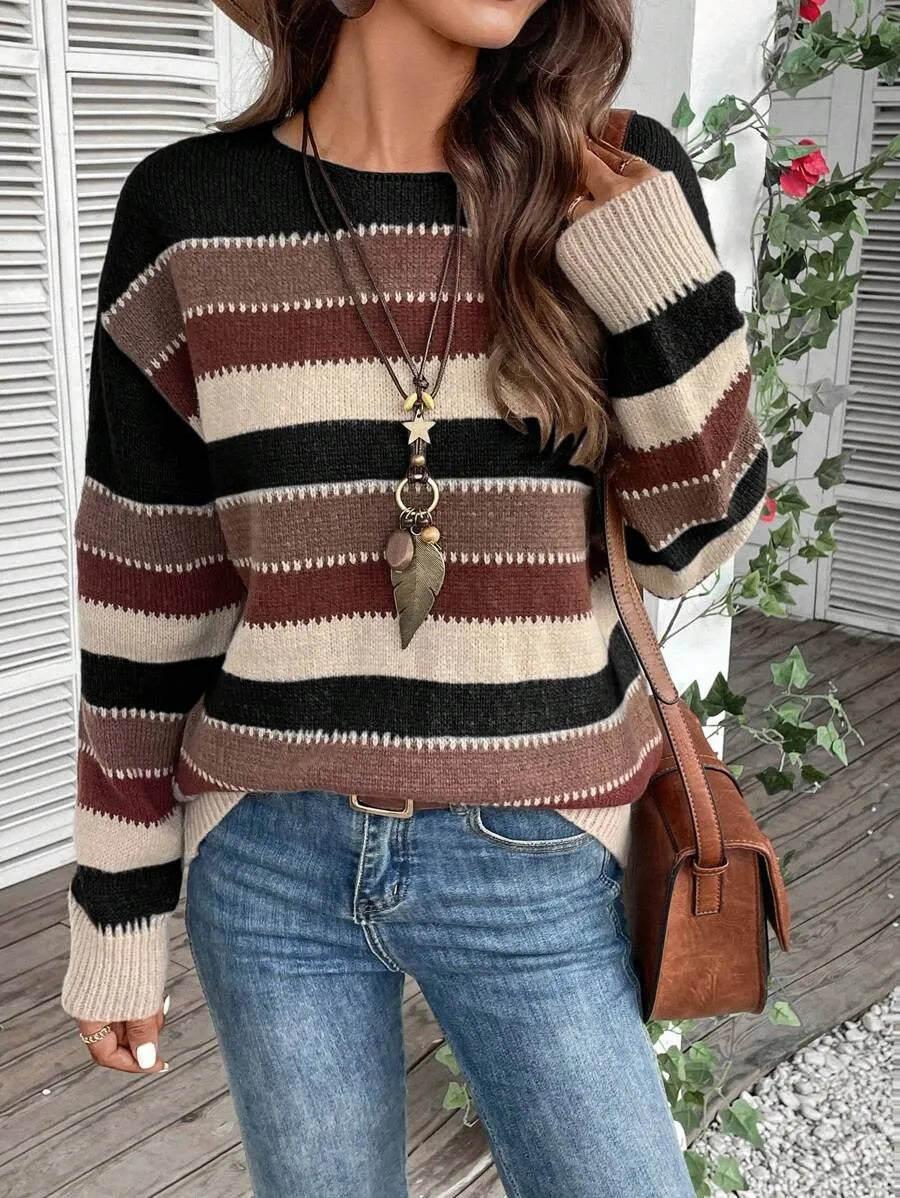 Women's colourblock striped pullover sweater with long sleeves in polyester fabric