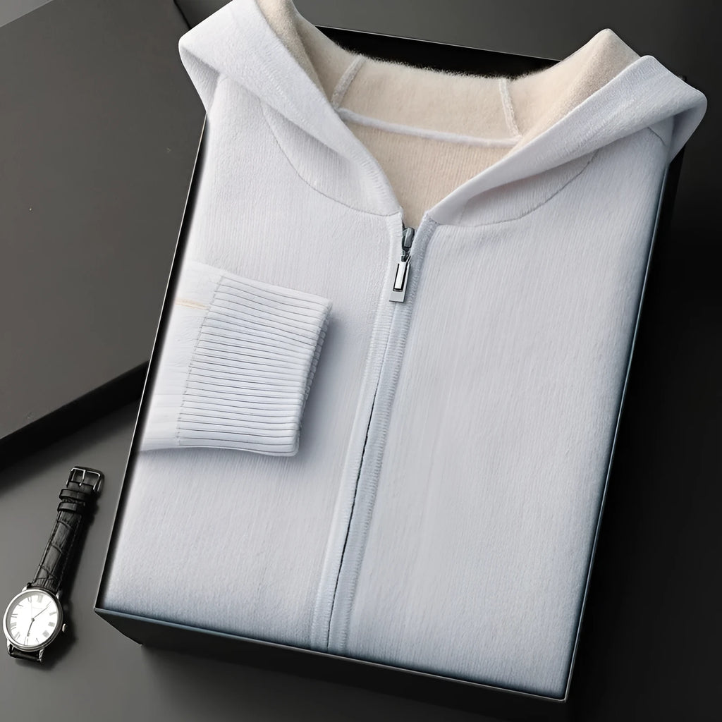 Men's dark blue cashmere half-high collar zipper cardigan sweater with thickened knit construction