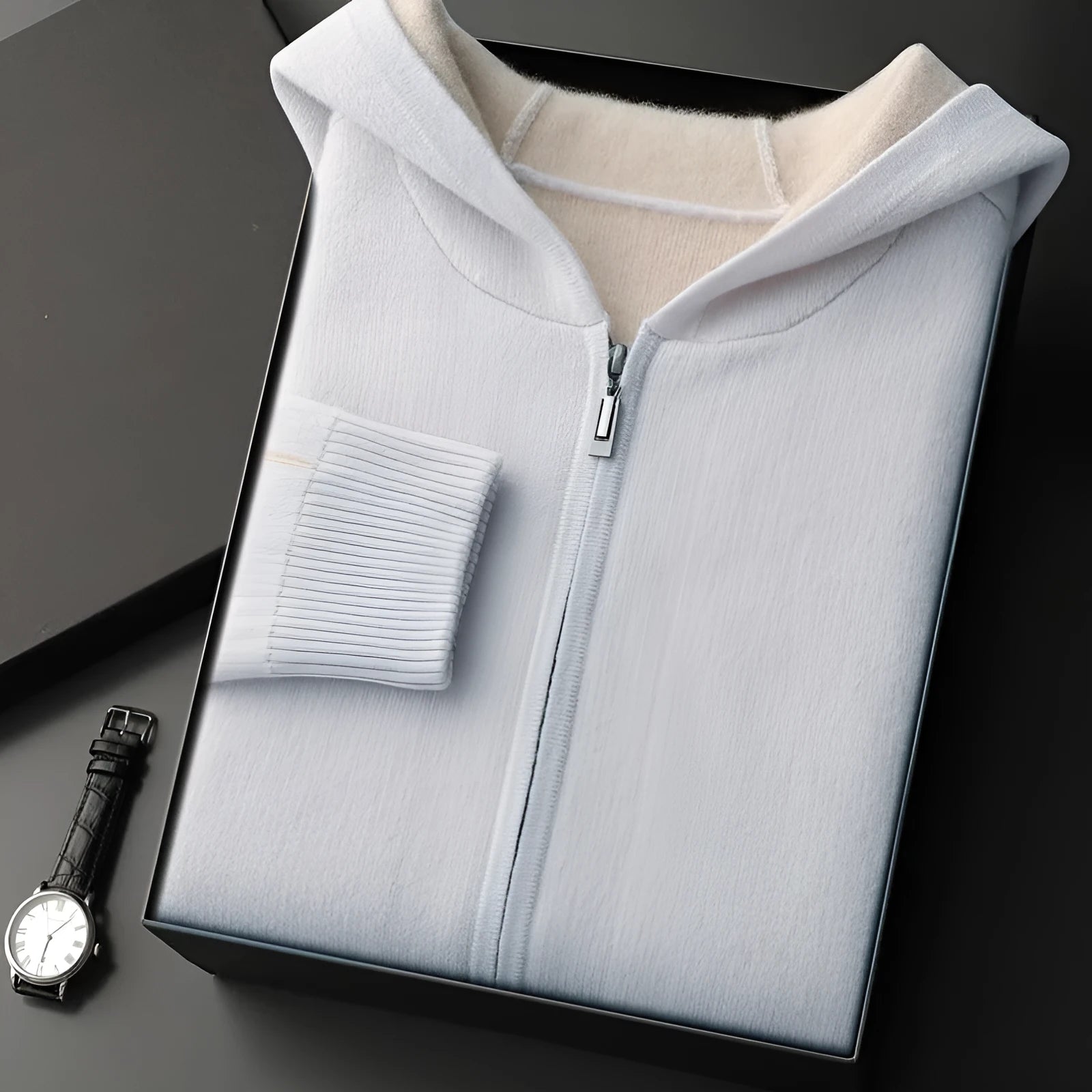 Men's dark blue cashmere half-high collar zipper cardigan sweater with thickened knit construction