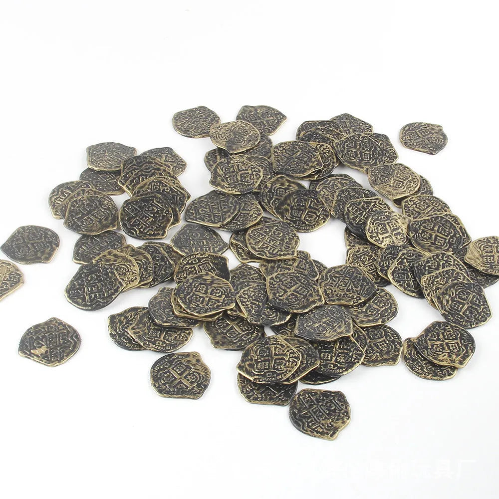 Set of plastic Roman pirate coins with electroplated metallic finish in gold, silver, or bronze colour options.