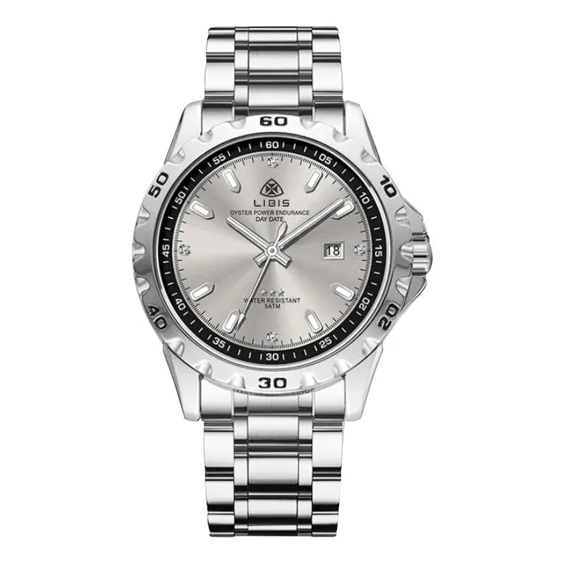 Men's silver quartz watch with luminous hands and stainless steel strap on grey dial