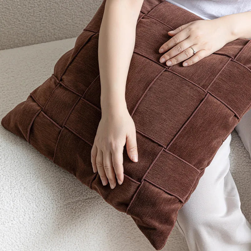 Square chenille woven cushion in beige, black, orange, reddish brown, green, coffee or taupe, 50cm size.