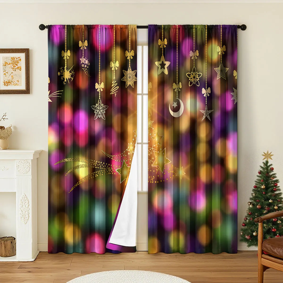 A pair of 3D digitally printed Christmas theme curtains hanging on a window, showcasing one of fifteen available European colour and pattern styles.