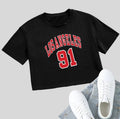 Women's black cotton loose crop top with white printed English letters slogan, short sleeves.