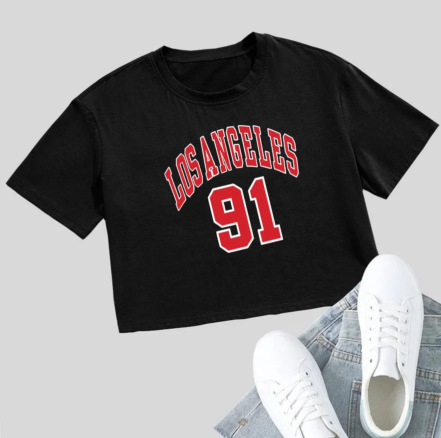Women's black cotton loose crop top with white printed English letters slogan, short sleeves.