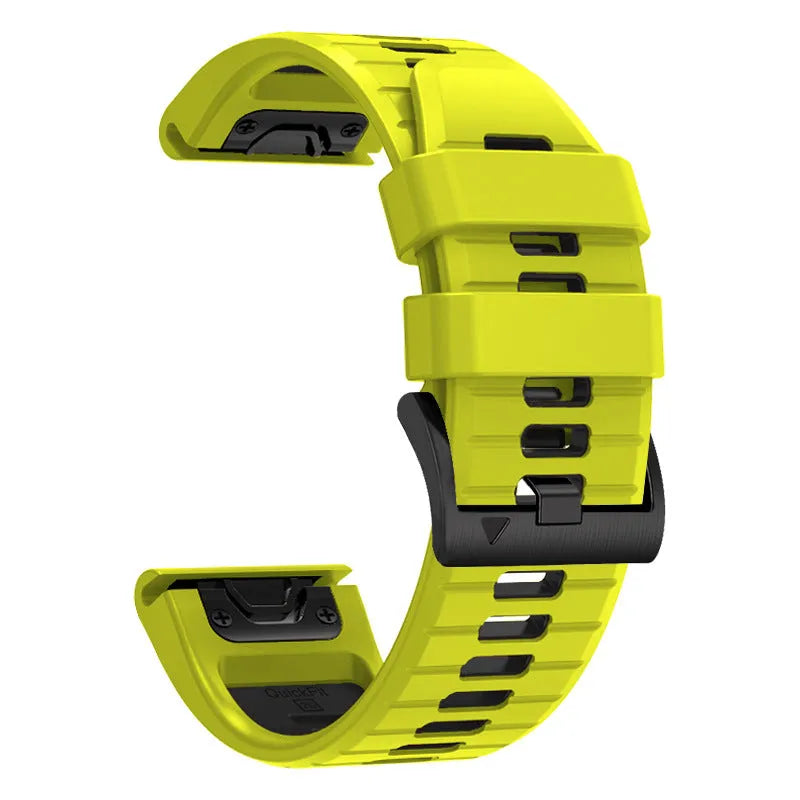 Two-tone quick release silicone watch strap for Garmin Fenix smartwatch on a grey background.