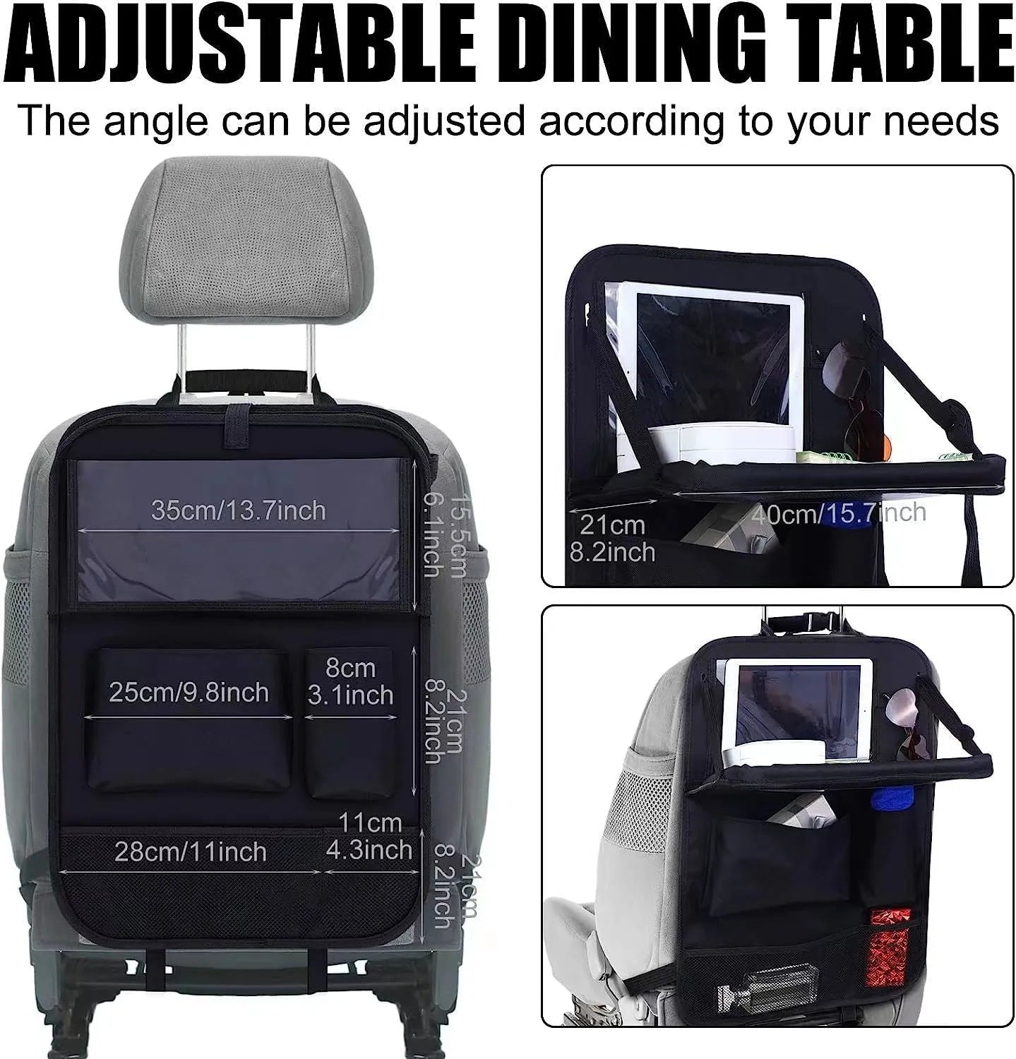 Black oxford cloth car seat back organiser bag with hanging buggy measuring 42x30cm