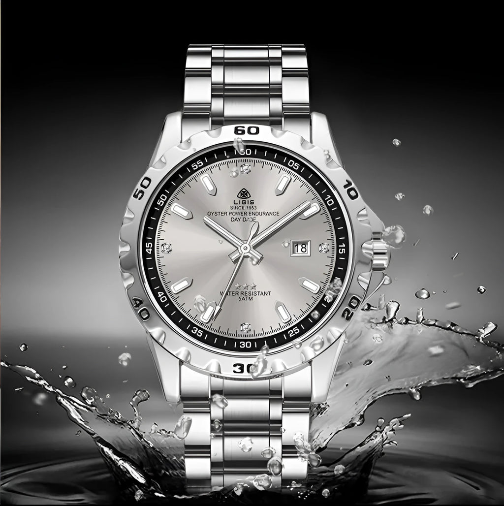 Men's silver quartz watch with luminous hands and stainless steel strap on grey dial