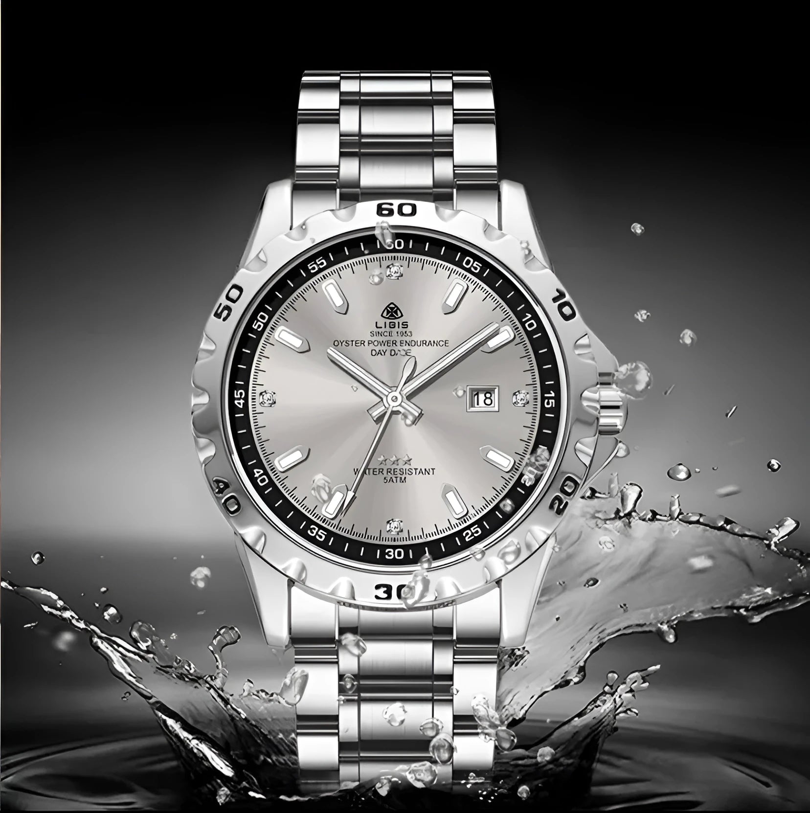 Men's silver quartz watch with luminous hands and stainless steel strap on grey dial