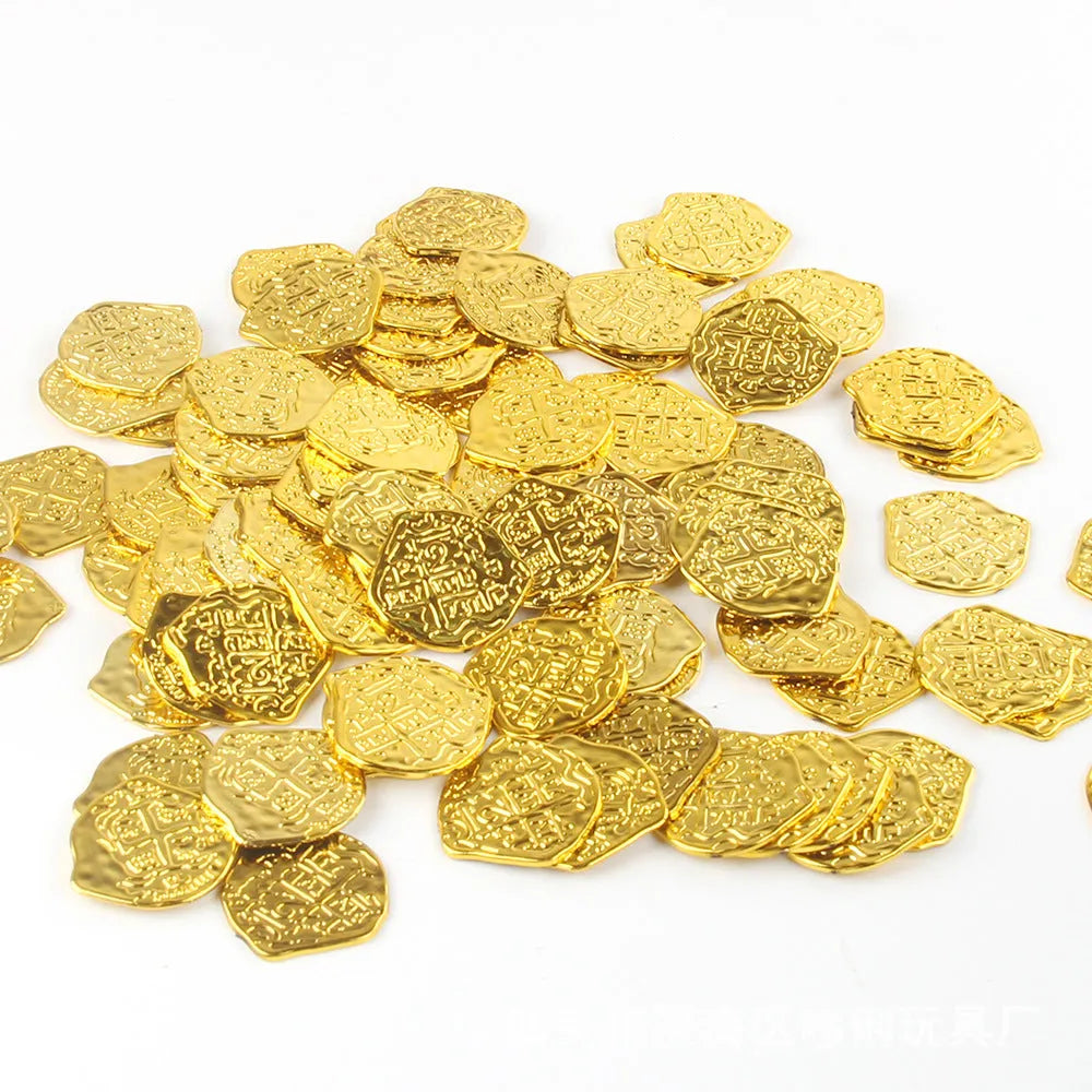 Set of plastic Roman pirate coins with electroplated metallic finish in gold, silver, or bronze colour options.