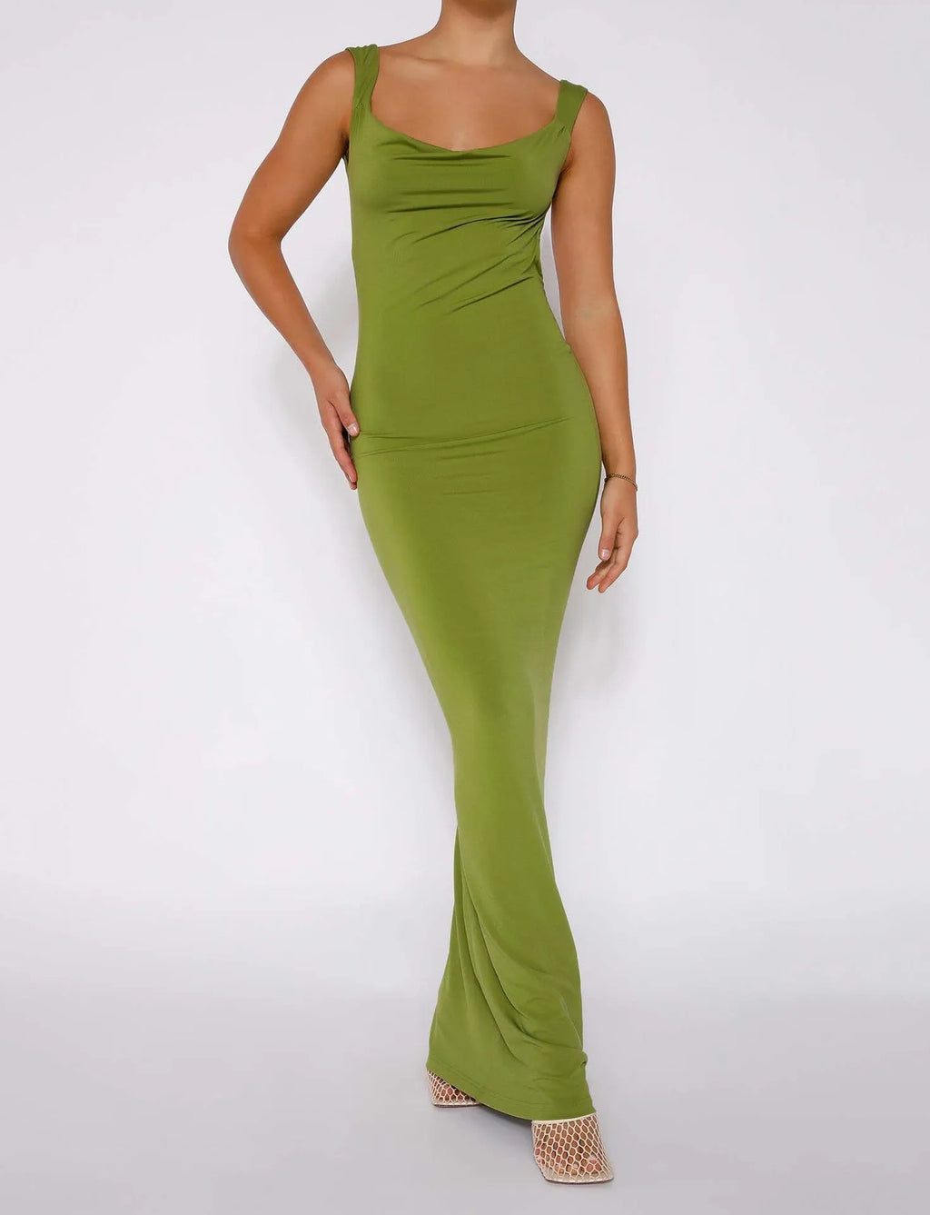 Milk silk backless sling dress with spaghetti straps in champagne colour