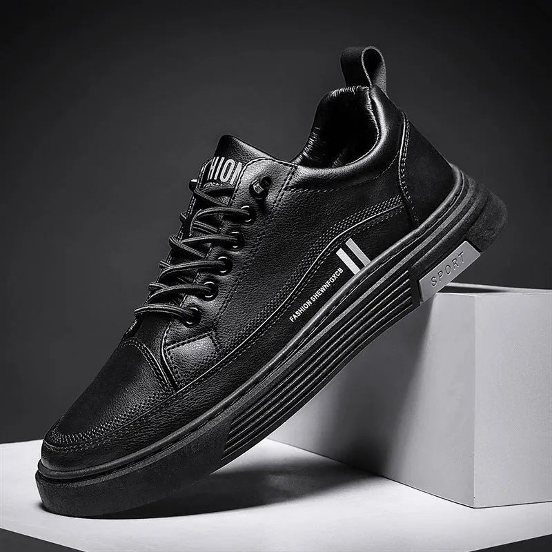 Men's white and black skateboard shoes with elastic band closure and rubber sole