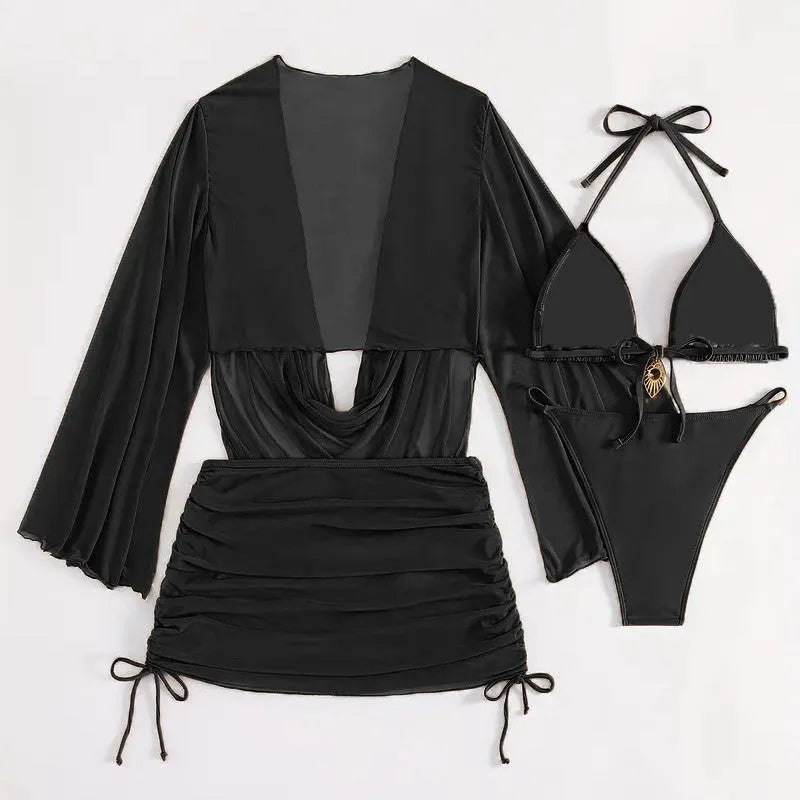 Dark brown women's lace-up bikini set on a mannequin, showing backless design
