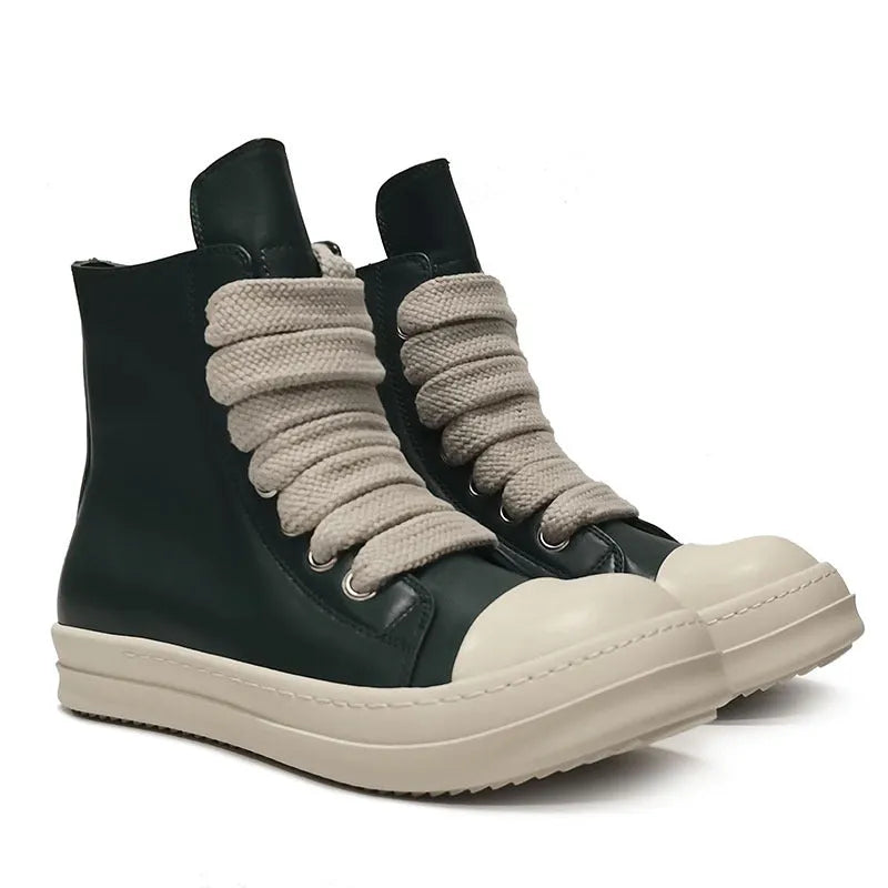 Men's and women's black high-top leather sneakers with a side zipper and round toe on a rubber sole.