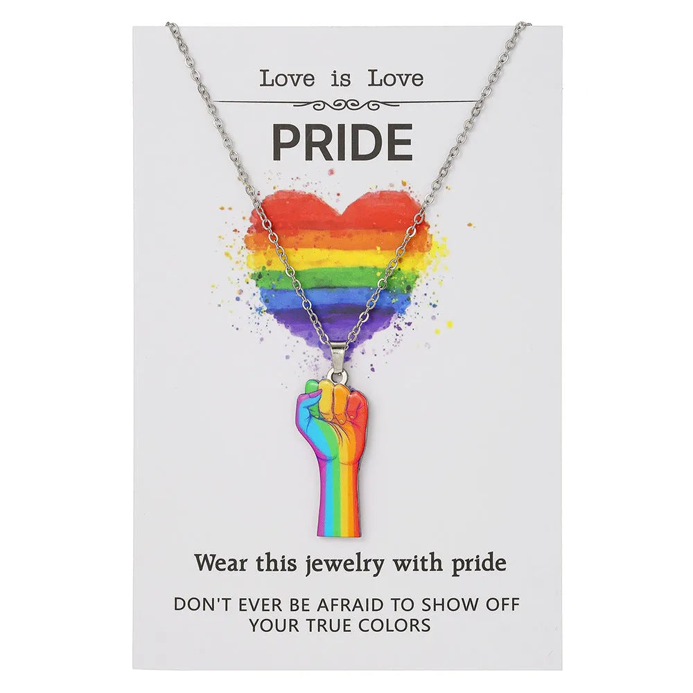 Stainless steel necklace and bracelet set with coloured inspirational printing on the pendants.