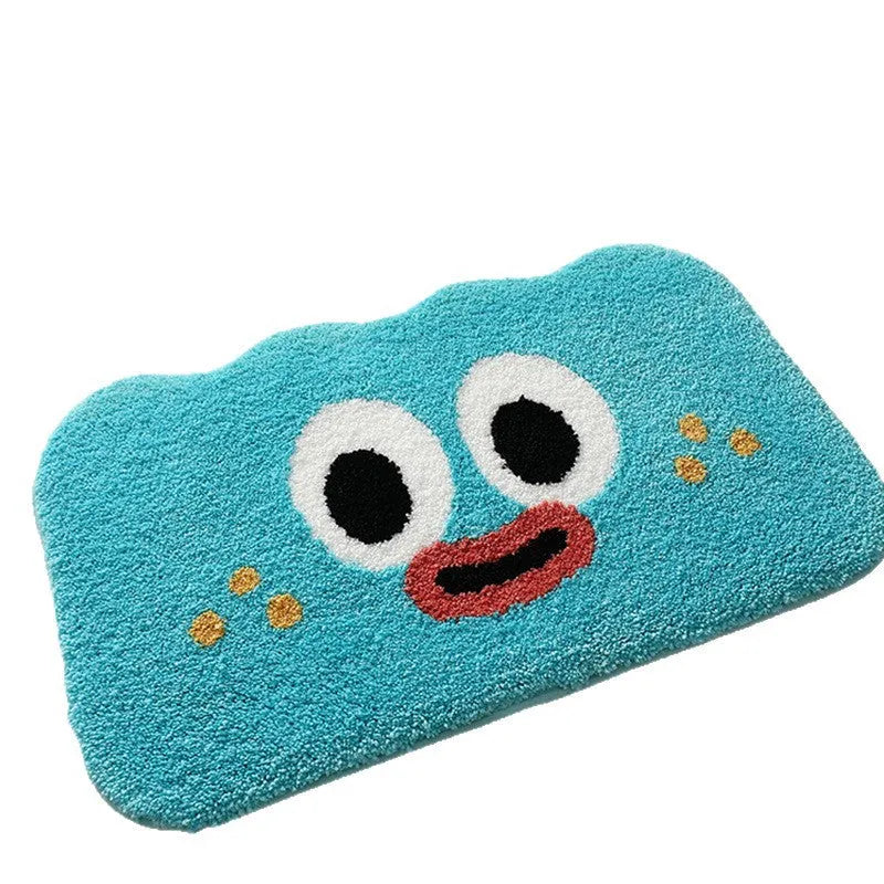 Cartoon anime clouds design bath mat in green, blue, pink, black, or white, available in three sizes.