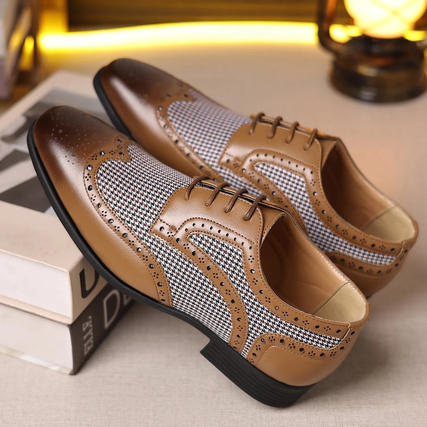 Men's black and white houndstooth plaid casual lace-up shoes with a square toe and rubber sole.