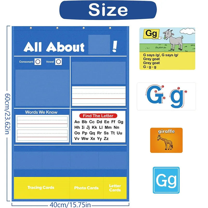 Alphabet learning chart with 156 educational cards arranged on 60x40cm surface