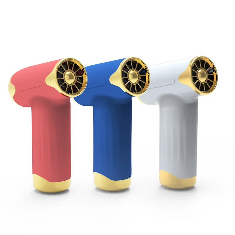 Handheld portable fan in blue, red, or silver colours with compact design for outdoor use