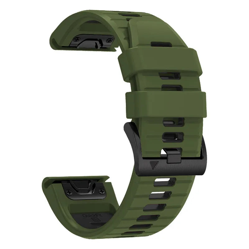 Two-tone quick release silicone watch strap for Garmin Fenix smartwatch on a grey background.