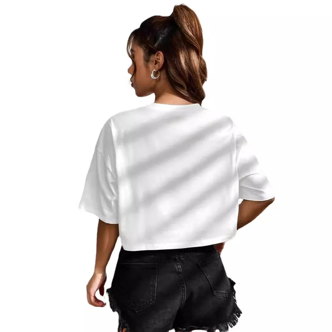 Women's black cotton loose crop top with white printed English letters slogan, short sleeves.