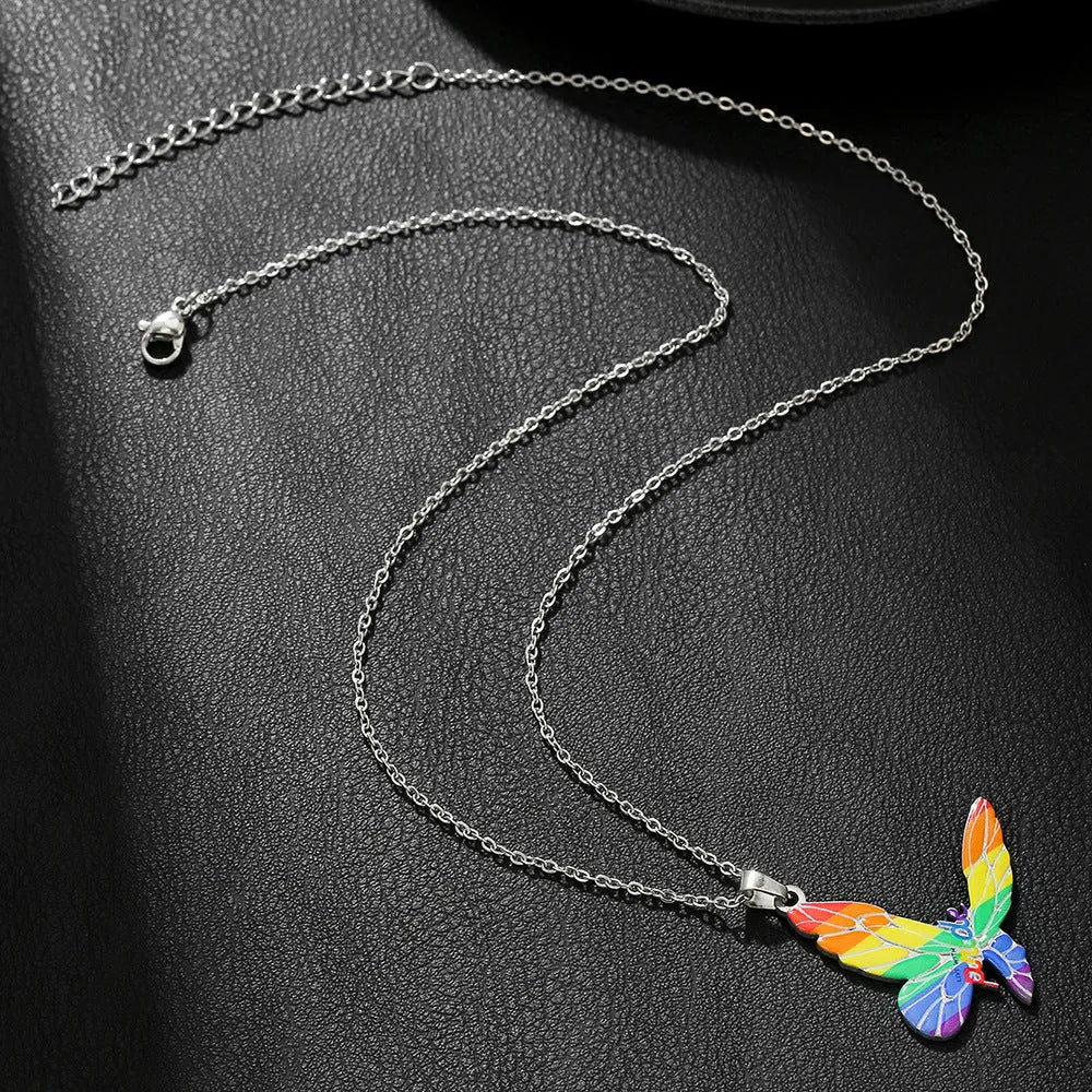 Stainless steel necklace and bracelet set with coloured inspirational printing on the pendants.