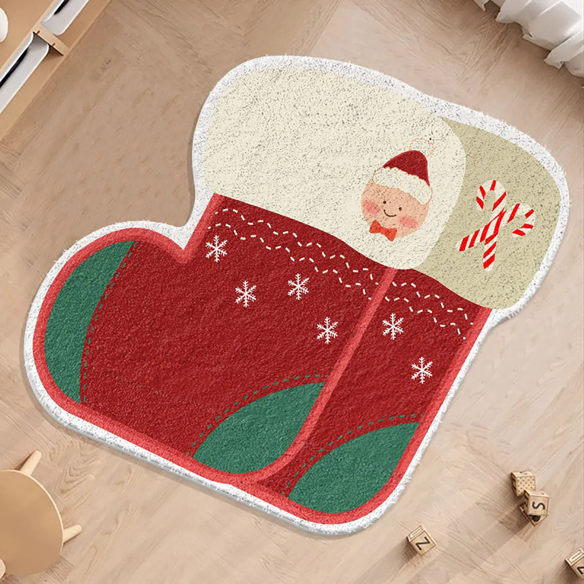 Round red and green Christmas floor mat with gingerbread man design on soft imitation cashmere fabric.