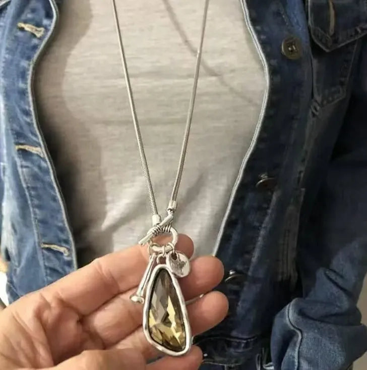 Women's long sweater chain necklace with geometric plaid pendant on snake bone chain