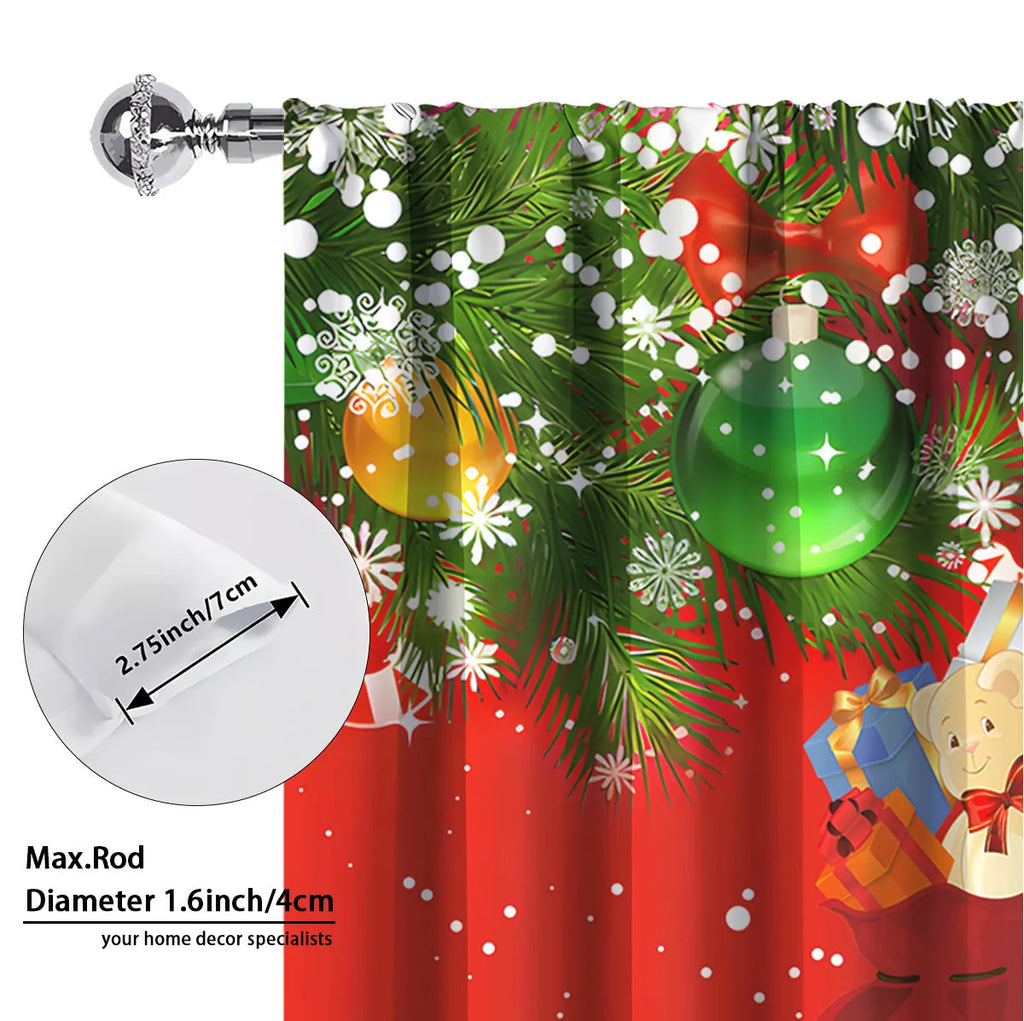 Pair of 3D digitally printed modern Christmas curtains hanging on a window.