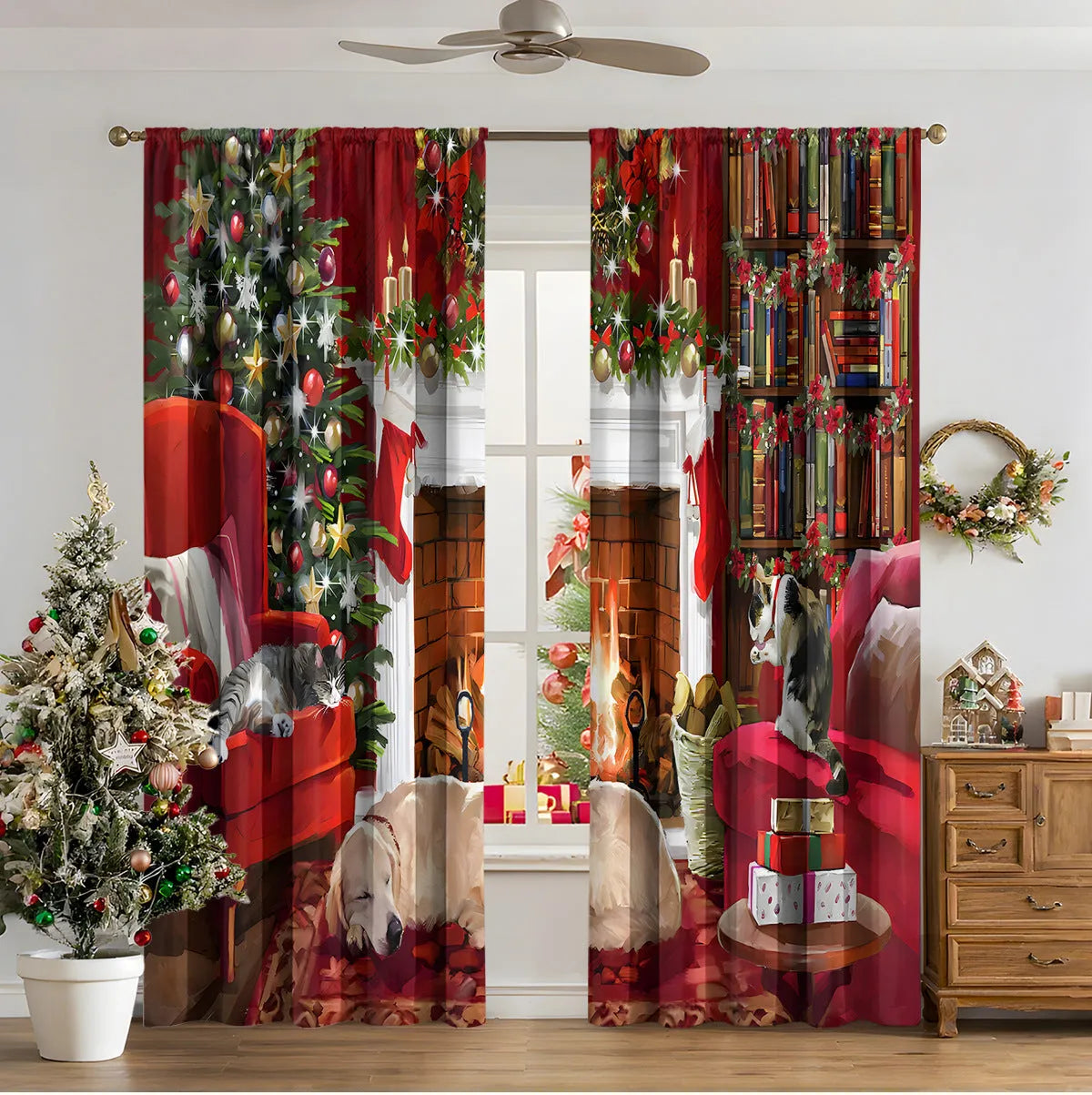 Pair of 3D digitally printed modern Christmas curtains hanging on a window.