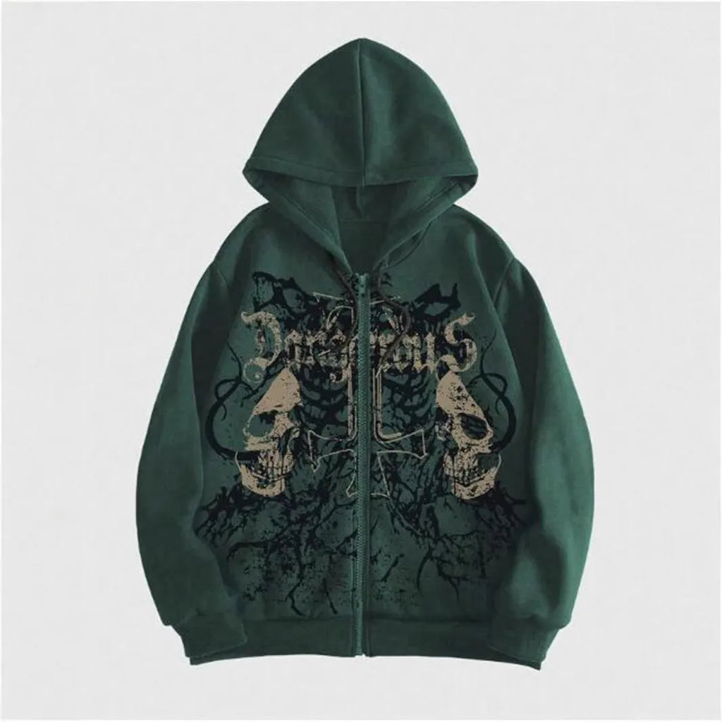 Men's black hooded sweatshirt with skull hot stamp pattern and long sleeves