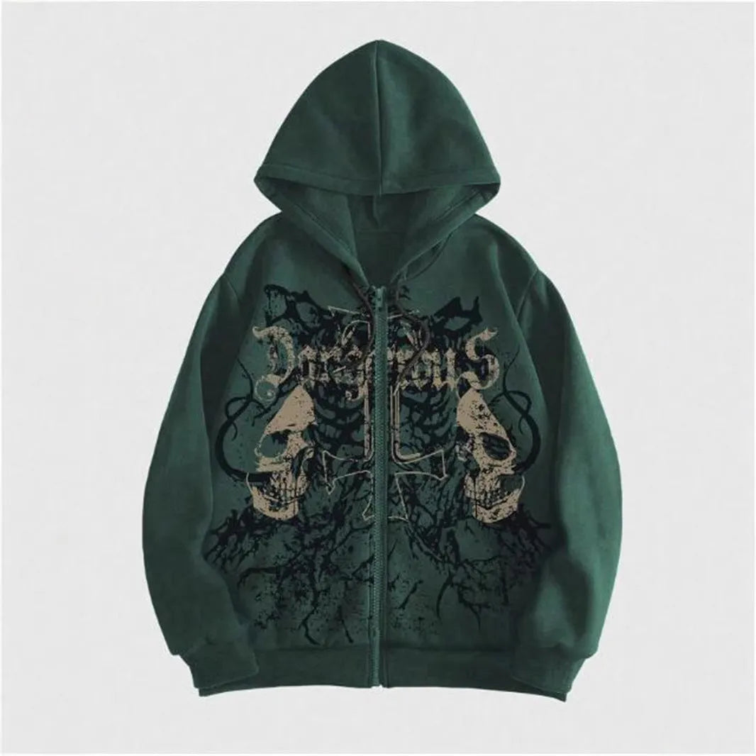 Men's black hooded sweatshirt with skull hot stamp pattern and long sleeves