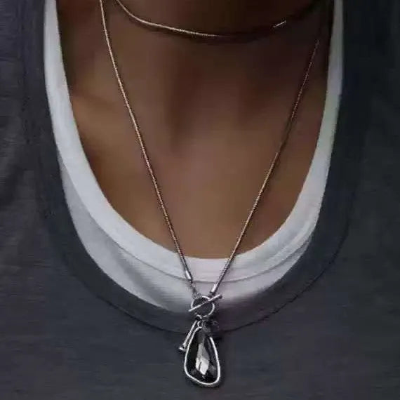 Women's long sweater chain necklace with geometric plaid pendant on snake bone chain