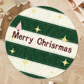 Round red and green Christmas floor mat with gingerbread man design on soft imitation cashmere fabric.
