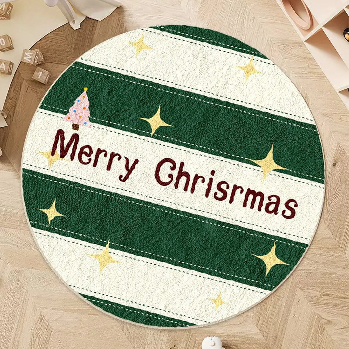 Round red and green Christmas floor mat with gingerbread man design on soft imitation cashmere fabric.