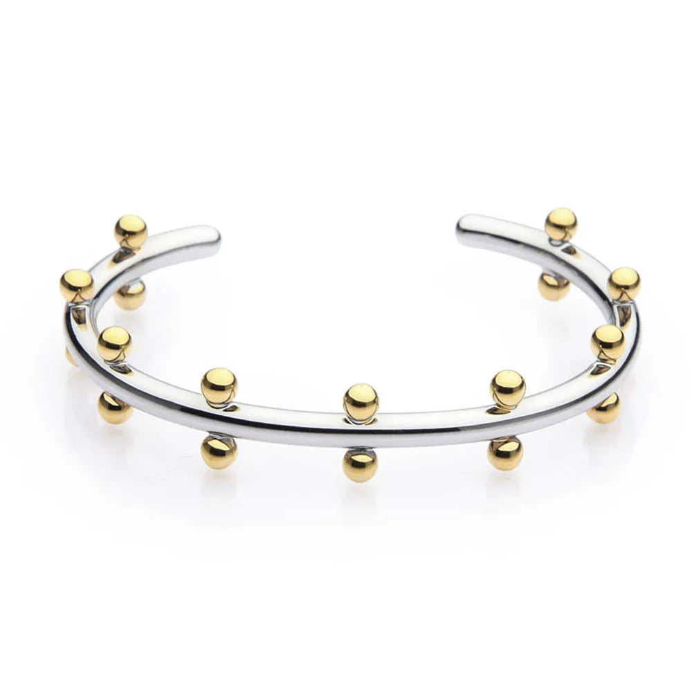 Stainless steel bracelet with textured C-shaped bead links and raised rivet details.